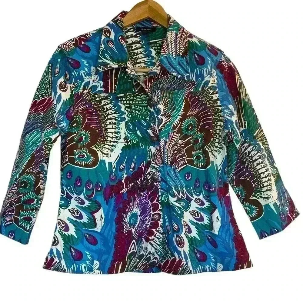Kaktus Women’s‎ Colorful Wearable Art Jacket Size Large Peacock Abstract Art